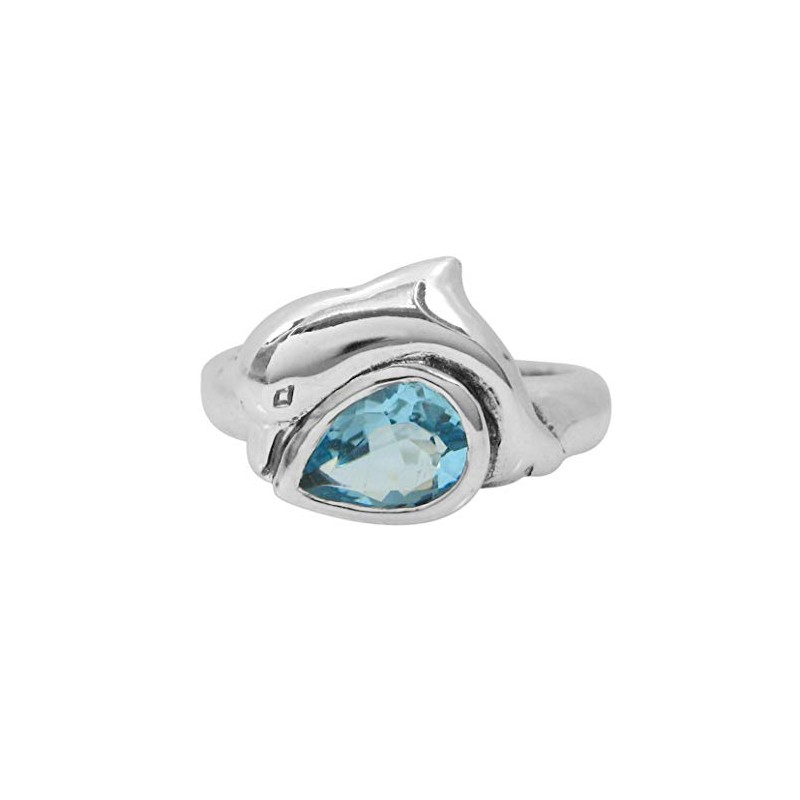 Sterling Silver Dolphin Teardrop Crystal Rings, Aqua, Size 8