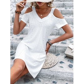 Womens 2025 Off Shoulder V Neck Dress Short Sleeve Hollow Out Lace Mini Elegant Summer Dresses White