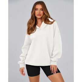 BTFBM Women's Oversized Hoodies Casual Fleece Long Sleeve V Neck Sweatshirts 2026 Trendy Fall Outfits Spring Clothes(White, Small)