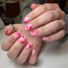 Valentines Press on Nails Short Square SWEKKE Pink French Tip Fake Nails False Nails with Designs Red Pink Lips Full Cover Glossy Glue on Nails Valentine's Day Acrylic Nails for Women Girls 24 Pcs