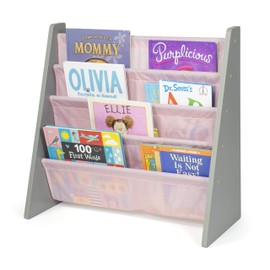 Humble Crew 4-Tier Kids Bookshelf, Grey Wood/Pink - Premium Book Shelf for Kids Rooms with Four Deep Pockets - Toddler Sling Book Rack with Deep Sleeves, Nursery Bookcase Organizer