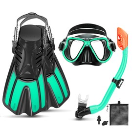 CTSAYTL Snorkeling Gear for Kids Ages 6-14, Kids Mask Fins Snorkel Set with Panoramic View Anti Fog Mask, Dry Top Snorkel, Trek Fins and Travel Bag, Dry Top Snorkel Set (Turquoise, L/XL(32-36))