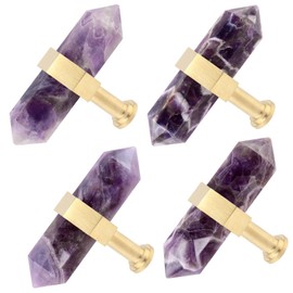 moonsix Pack of 4 Double Pointed Hexagonal Drawer Handles Golden Crystal Stone Knobs with Screws for Kitchen Cabinet Dresser Decor, Amethyst