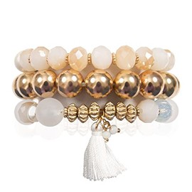 RIAH FASHION Bohemian Beaded Multi Layer Versatile Statement Bracelets - Stackable Stretch Strand Cuff Bangles Sparkly Crystal, Wood Beads (Glass Beads CCB Charm Tassel - Natural)
