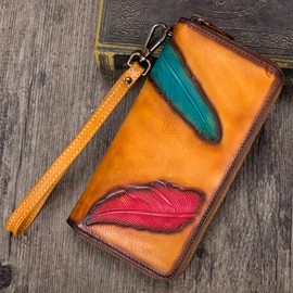 FEIGITOR Genuine Leather Wallet Women Zip Wristlet Wallet Purse Money Clip Card Holder - Brown