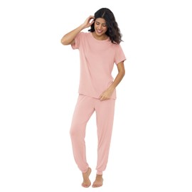 Joyaria Women Cooling Breathable Pajama Bamboo Viscose Soft Sleepwear Short Sleeve Lounge Jogger Set Moisture Wicking Peach