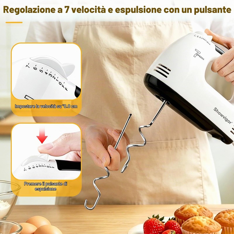 Sbattitore Elettrico 300W, 7 Velocità Design Ergonomico