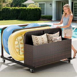 GOOBED Pool Storage, Wicker Pool Float Holder with Lockable wheels,Pool Organizer for cushions, Floaties, Noodles, Life Vests, Beach Balls, Toys, Patio Furniture (Brown)