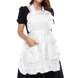 LilMents Women's Ruffles Outline Retro Pockets Apron Kitchen Cooking Cleaning Maid Costume (White)