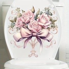 Pink Rose Bow Butterfly Toilet Cover Sticker Decals,Spring Flower Leaf Butterfly Waterproof Toilet Lid Tank Seat Decals Cistern Self-Adhesive Bathroom Wall Sticker