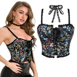 Black Floral Corset Tops for Women Going-Out, Vintage Renaissance Lace-Edge Push-Up Overbust Bustier Tank, Gothic Tie-up Cropped Boned Bodyshaper