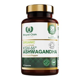 Organic High Concentration Full Spectrum KSM-66 ASHWAGANDHA with 5% Withanolides and Black Pepper, Made in Britain by Royal Oak Health, 60 Capsules