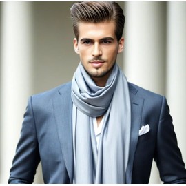 LA FERANI Men's Scarf 100% Silk Chiffon Neckerchief Silk Scarf 180 x 80 cm Plain Colour for Suit Dark Blue Cloth Silk Scarf Stole Business Style Gift for Him, gray