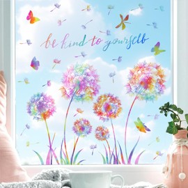 Colorful Flower Window Decals Double-Sided Dandelion Flower Sticker for Glass Window Positive Windows Vinyl Clings Self Adhesive Anti Collision Floral Butterfly Stickers for Bedroom Living Room