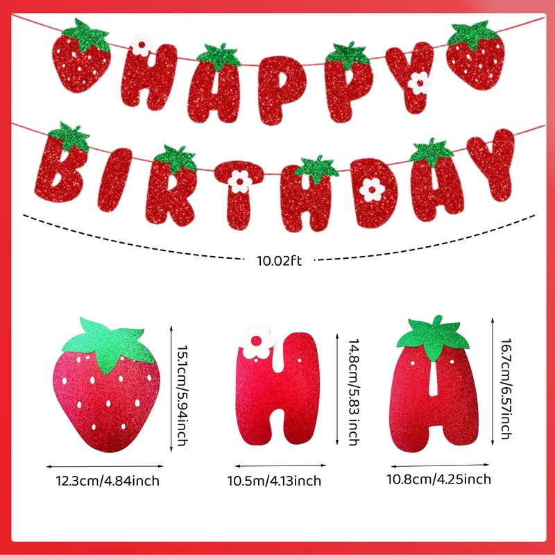 Glitter Paper Strawberry Happy Birthday Banner and Hanging Swirls Set
