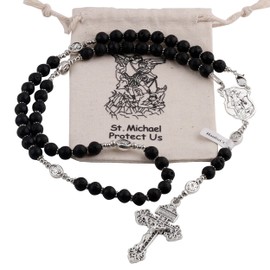 HanlinCC Black Lave Stone Beads Saint Michael Catholic Rosary Necklace with Gift Bag (Anti-Silver)