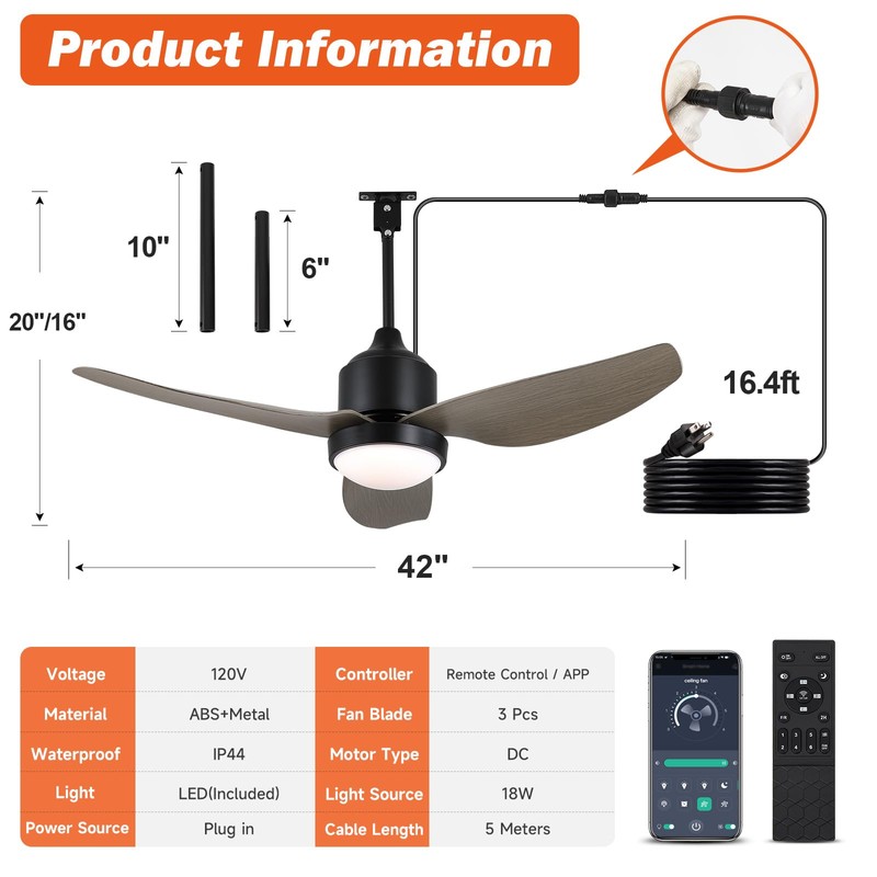 BZX Waterproof Outdoor Ceiling-Fan with Light - 42" Modern Ceiling