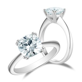 DovEggs 2ct Diameter 7.5mm Cushion Cut 2.8mm Width 8 Prongs Front Look Colorless Side Look Slightly Blue Moissanite Engagement Ring Solitaire 14K QUALITY Silver Moissanite Rings for Women（6.5）