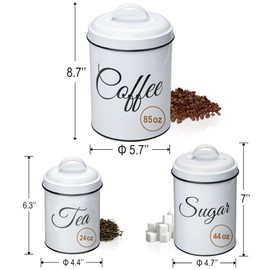 Coffee Tea Sugar Containers for Countertop, 3-Piece Stainless Steel Kitchen Canisters Set, Sugar Jar Coffee Jar with Lids for Fresher Goods, White Farmhouse Kitchen Decor