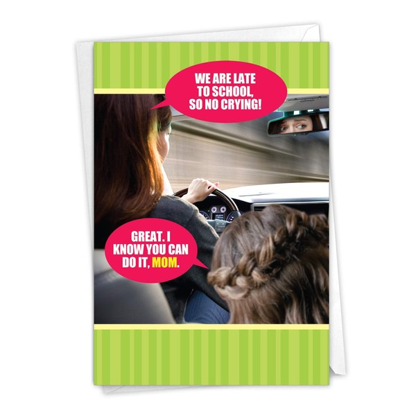 NobleWorks - Happy Mother's Day Card with Envelope - Funny, Retro Greeting Card for Mom, Stepmom - Late To School 0218