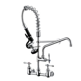 Keipan Commercial Spring Kitchen Faucet with Sprayer, 8 Inch Center Wall Mount Sink Mixer Tap with 12” Swing Spout 25” Height Compartment Sink Faucet for Restaurant Industrial in Chrome
