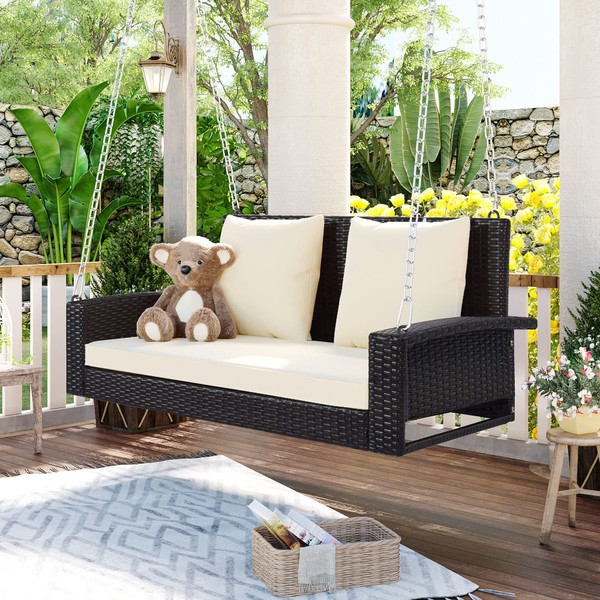 Merax Patio Porch Swing, Outdoor Swing Chair Bench, Wicker Hanging