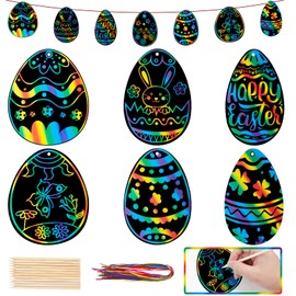Pack of 36 Scratch Pictures Easter, Scratch Paper Craft Set, Rainbow Magic Easter Eggs Scratch Crafts Ornaments with Wooden Stick and Ribbon for Children Easter Party Favour Decorations