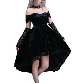LANSHULAN Gothic Clothes Dress,Lace Mini Sleeveless Lace Draped Bodycon Goth Vintage Dresses Without Gloves Black