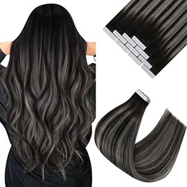 Ve Sunny Tape in Hair Extensions Ombre Black Human Hair Tape in Extensions Balayage Natural Black Ombre Silver Blonde Tape on Real Hair Extensions Human Hair Black for Women 10pcs 20g 12Inch