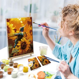 ATDMS Hummingbird Paint by Numbers Kit for Adults with Frame Landscape Paint by Number with Easel DIY Flower Adult Paint by Number Kits Sunflower Paint by Numbers Kit for Home Wall Decor 8x12 Inch