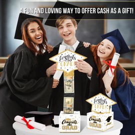 VABAMNA Class of 2025 Graduation Money Box for Cash Gift Pull, Funny Surprise DIY Cash Gift Idea Kit Graduation Money Holder for Boys Girls College High School Congrats Grad Party Favors, White Gold
