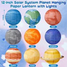 VIHOSE 39 Pcs Space Lanterns Set 9 Pcs Planet Paper Lanterns and 30 Space Hanging Swirl 12 Inch Solar System Outer Space Party Decorations for Room Astronaut Theme Galaxy Earth Birthday Home