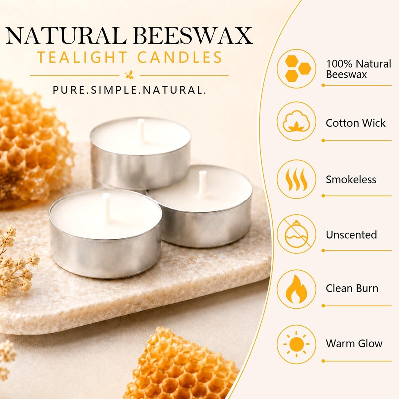 48 Pack White Natural Beeswax Tealight Candles Aluminum Cups 4-5