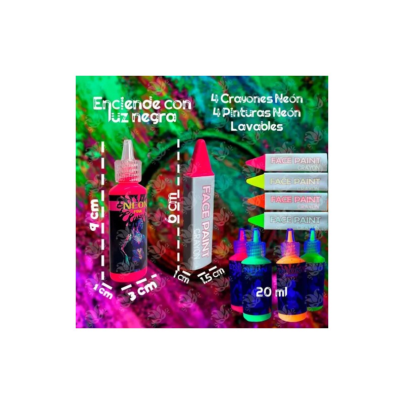 Kit Maquillaje Neón Pintura Crayón Fluorescente Glow Luz Uv