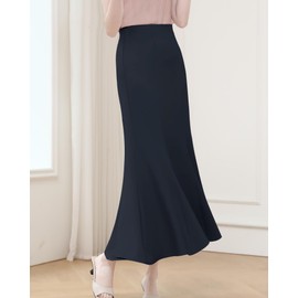 Yino Women's Long Skirt, Mermaid Skirt, Flared, High Waist, A-Line, Stretch, Slimming, Soft, Feminine, Cute, Stylish, Maxi Length, Casual, Office OL, navy