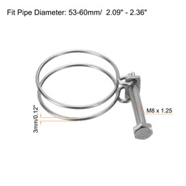 sourcing map 6Pcs Double Wire Hose Clamp, 53-60mm Adjustable Stainless Steel Wire Hose Clips with M8 Bolt for Dust Collection Hose, Pump Hose Pipe