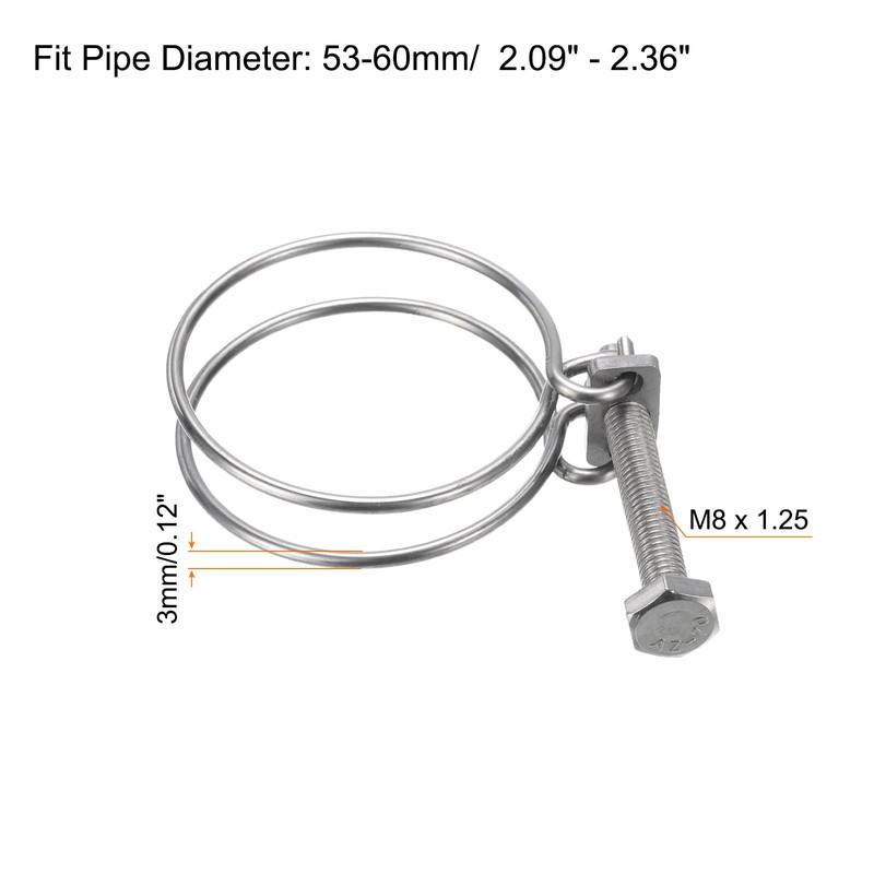 sourcing map 6Pcs Double Wire Hose Clamp, 53-60mm Adjustable Stainless