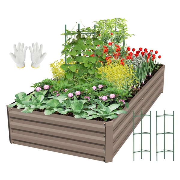 SONFILY Raised Garden Bed Metal Raised Garden Bed Outdoor Kit Garden Boxes Raised Galvanized Planter Raised Beds for Gardening Vegetables Fruit with 2pcs Tomato Cages,8x4x1ft,Brown