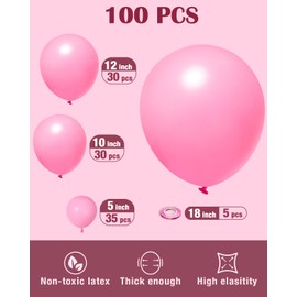 Styirl Pink 100pcs Balloons Kit for Birthday/Baby Shower/Wedding Decorations - 5/10/12/18 inch Latex Balloons Garland in Pink - Includes Curling Ribbon