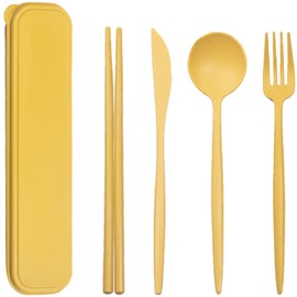Reusable Travel Utensils Set with Case, Wheat Straw Portable Plastic Fork Spoon Knife Chopsticks Camping Cutlery, Eco-Friendly BPA Free Tableware Picnic Flatware for Kids Adults or Daily Use (Yellow)