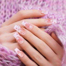 JJUNW 1000 Pcs Nail Charms, 3D Flower Nail Charms, Acrylic Flower Nail Art Rhinestones with Gold Pearl Beads, DIY Nail Decorations Spring Cherry Blossom Gems Design for Women Nail Decorations