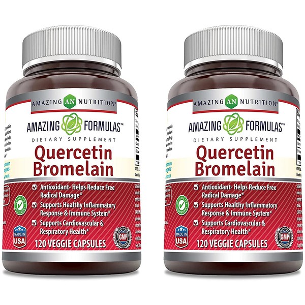 Amazing Nutrition Quercetin 800 Mg with Bromelain 165 Mg Veggie Capsules - Anti-oxidant and Anti-inflammatory Properties - Supports Heart, Joints and Respiratory Health (120 Count (Pack of 2))
