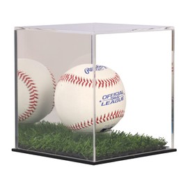 Arcylic Softball Display Case Baseball Display Case Stand Championship Square Box UV Protected Clear Display Cube for 12 Inches Softball Sports Ball Storage Collections (W/ Artifical Turf Base)