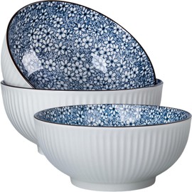 Zscera 60 oz Large Soup Bowls, 8 Inch Large Pho Bowls, Blue and White Ceramic Japanese Ramen Bowls Set of 3 - Floral Pattern