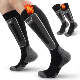 Funyord 2 Pairs Men's Merino Wool Ski Socks, Knee Socks, Thick Thermal Socks, Compression Socks for Cold Weather, Snow, Skiing, Black (Style 2)