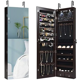 Giantex Wall Door Jewelry Armoire Cabinet with Full-Length Mirror, 2 LEDs Lockable Large Storage Jewelry Organizer with Wide Mirror, Makeup Pouch, Bracelet Rod, Jewelry Amoires w/ 2 Drawers (Brown)