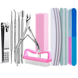 Kit 14pzs Manicure y Limas para Uñas Profesional, Incluir 6 Manicura de Acero Inoxidable, 5 Limas De Uñas, 1 Bloque de Pulido, 1 Cepillo Limpiar, Cuidado de Uñas Doméstico y Profesional(Rosa)