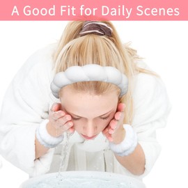 4PCS Spa Headband Hairband & Wristband Set Bow-tie Hairband with Buckled Hair Band Wrist Washband Terry Towel Cloth Headband for Washing Face Makeup Removal Skincare White