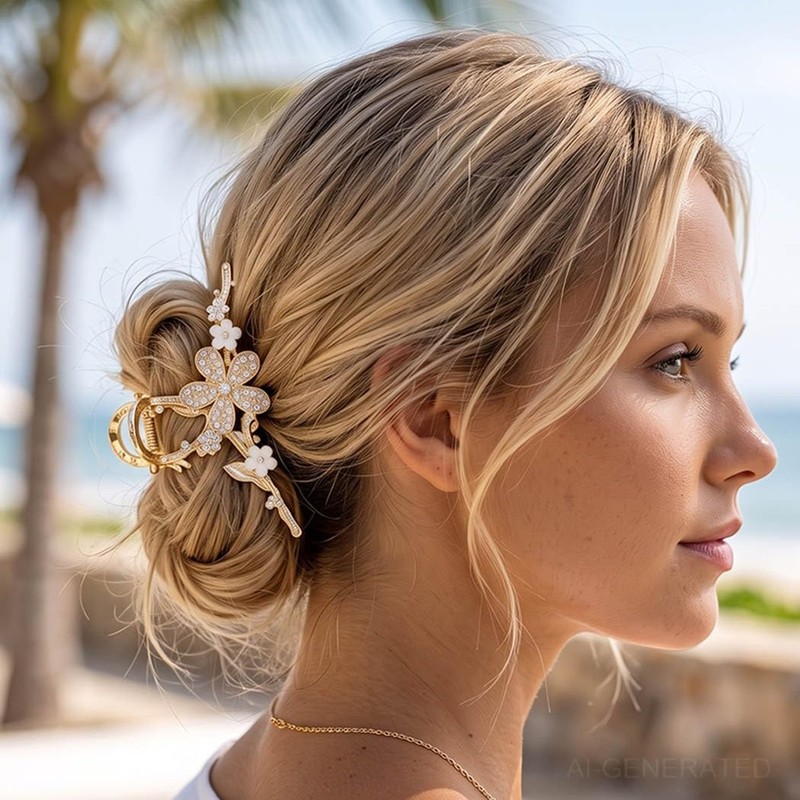 Flower Gold Hair Clip Rhinestone Fancy Hair Claw Clips for