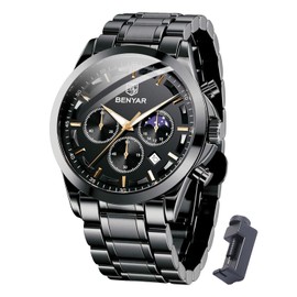 Benyar Watches Men's Chronograph Men's Watch 30 m Waterproof Analogue Quartz Watch Men's Business Calendar Sports Watch Gift for Men, Black Steel, Bracelet